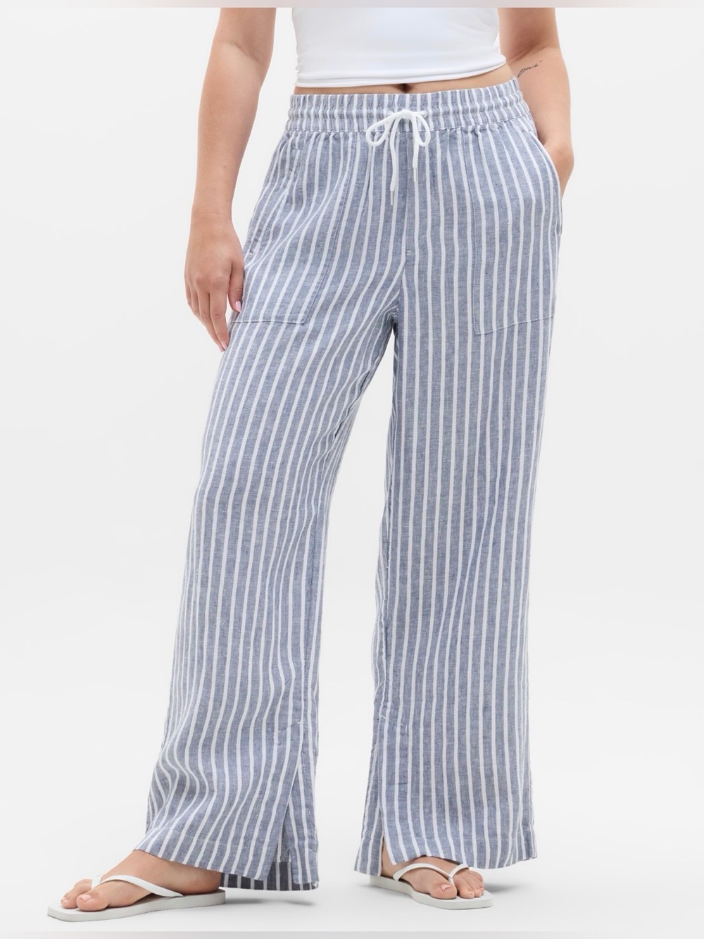 Athleta Retreat Linen High Rise Wide Leg Pants in Shadow Blue Stripe| Size: XL